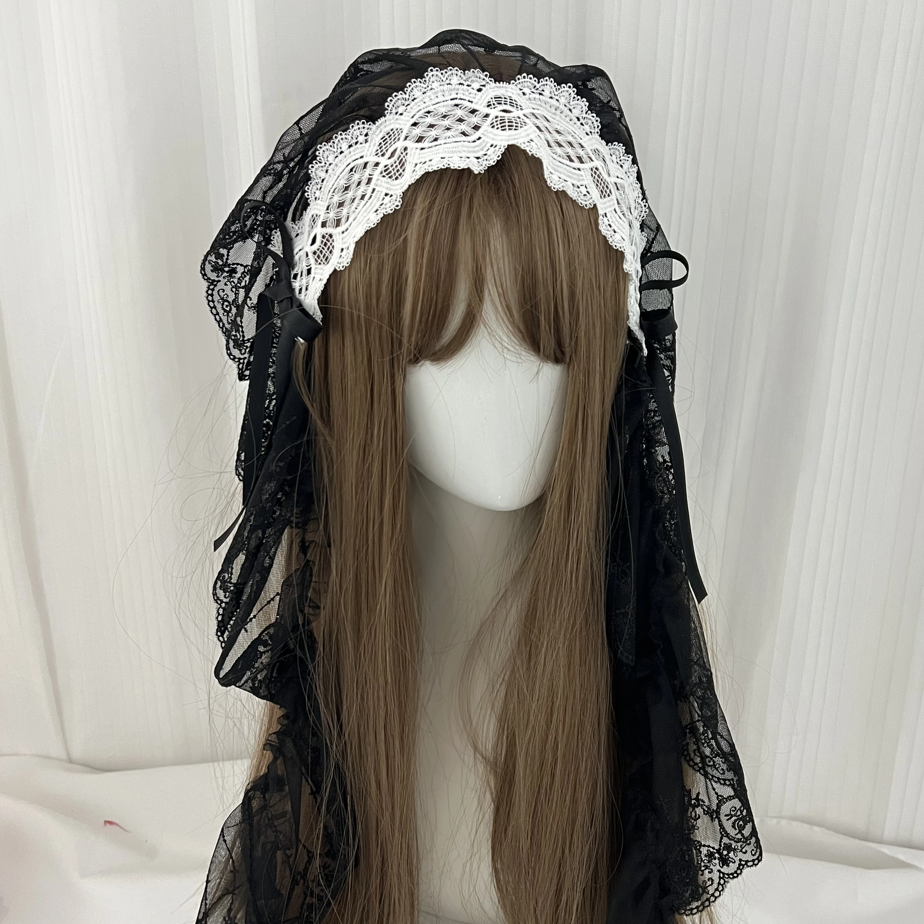 Gothic Harajuku Lolita Black and White Lace Headband Women's Veil Cosplay Headwear Female Sweet Halloween Hair Accessory