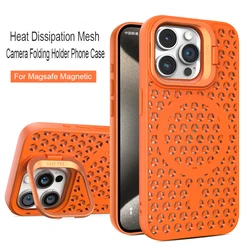 Luxury Camera Fold Holder Case For iPhone 16 15 14 Plus 12 13 11 Pro Max For Magsafe Wireless Charge Heat Dissipation Soft Cover