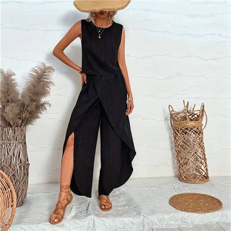 【SEE】Damen-Sommer-2-teilige Outfits, ärmelloses Tank-Top, passende Hosen-Sets mit weitem Bein, gestreifte Trainingsanzüge, Urlaub, Strand, 2025