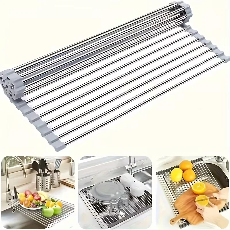 Multifunctional Stainless Steel Sink Drain Shelf, Silicone Fruit Vegetable Strainer Sponge Holder Kitchen Storage Organizer