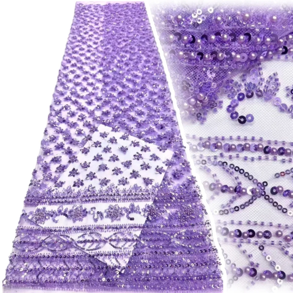 

Purple Luxury African Beaded Mesh Lace Fabric 2026 French Tulle Sequin Lace for Nigeria Wedding Party Evening Dress 5 Yards 2241