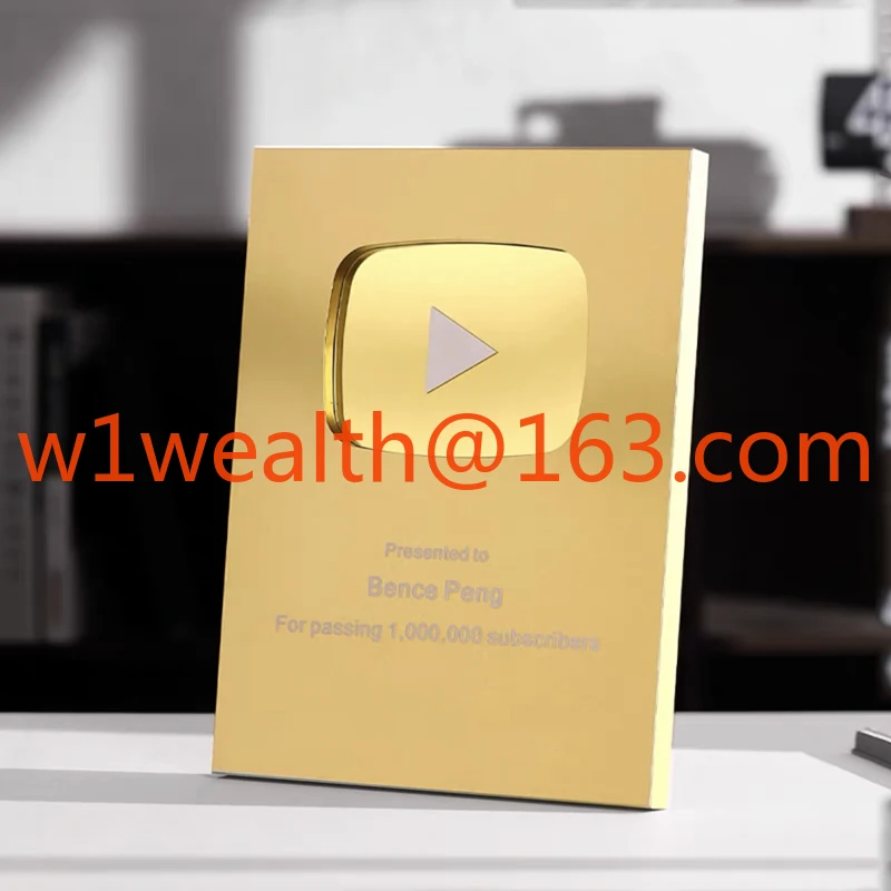 الذهب والفضة المعادن الجوائز اللوحات الليزر محفورة الأشعة فوق البنفسجية طباعة شعار يوتيوب جوائز الكأس اللوحات الميداليات