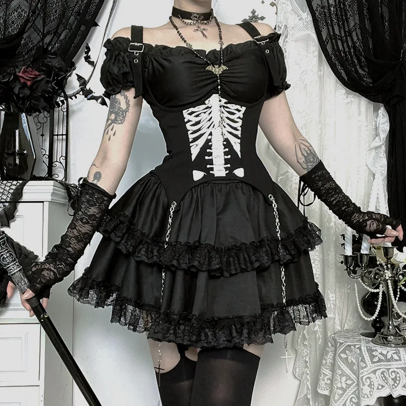 

2025 Women's T-Shirt Clothes Woman Clothing Top Halloween Printed Suspenders and Waist Shaper New Autumn Dark Cosplay Tops