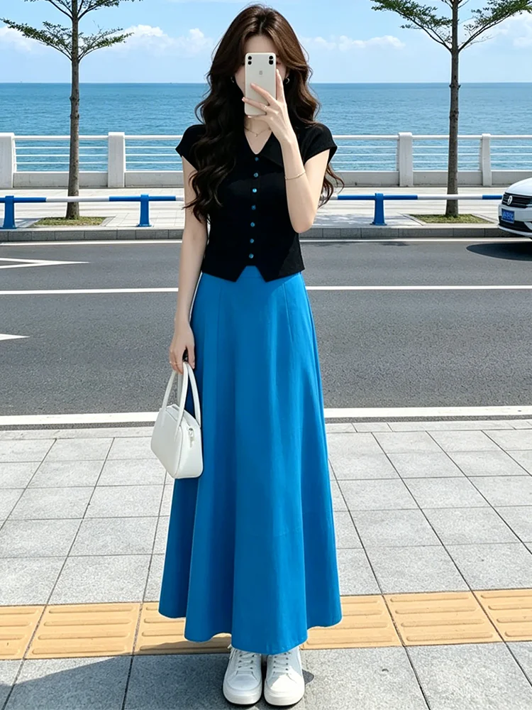 

Casual Knitted Slim Fit V-Neck Top And Loose Skirt Two-Piece Set Summer New Arrival Breathable Comfortable Fashionable W...