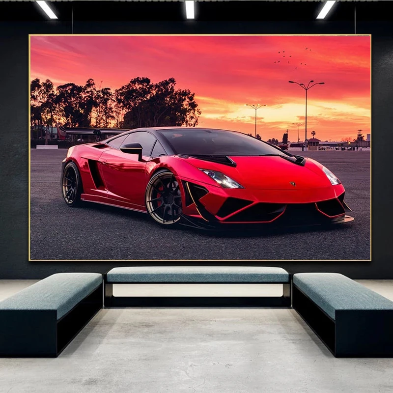 1 pieza de cuadro sin marco de superdeportivos Lamborghini Gallardo, pintura en lienzo de coches de carreras Red Sunset, pósteres, impresiones, arte de pared, imagen para sala de estar