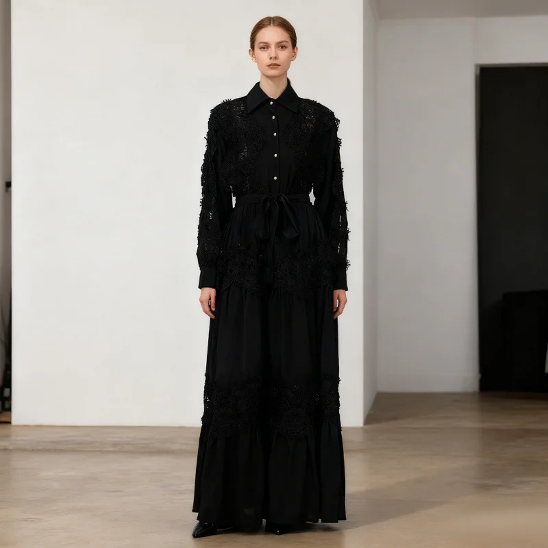 Ele dentelle épissure col rabattable Maxi Dr Vaion longue Dr nouveau Sle vent t-shirt jupe dimensionnelle taille haute velours matériel