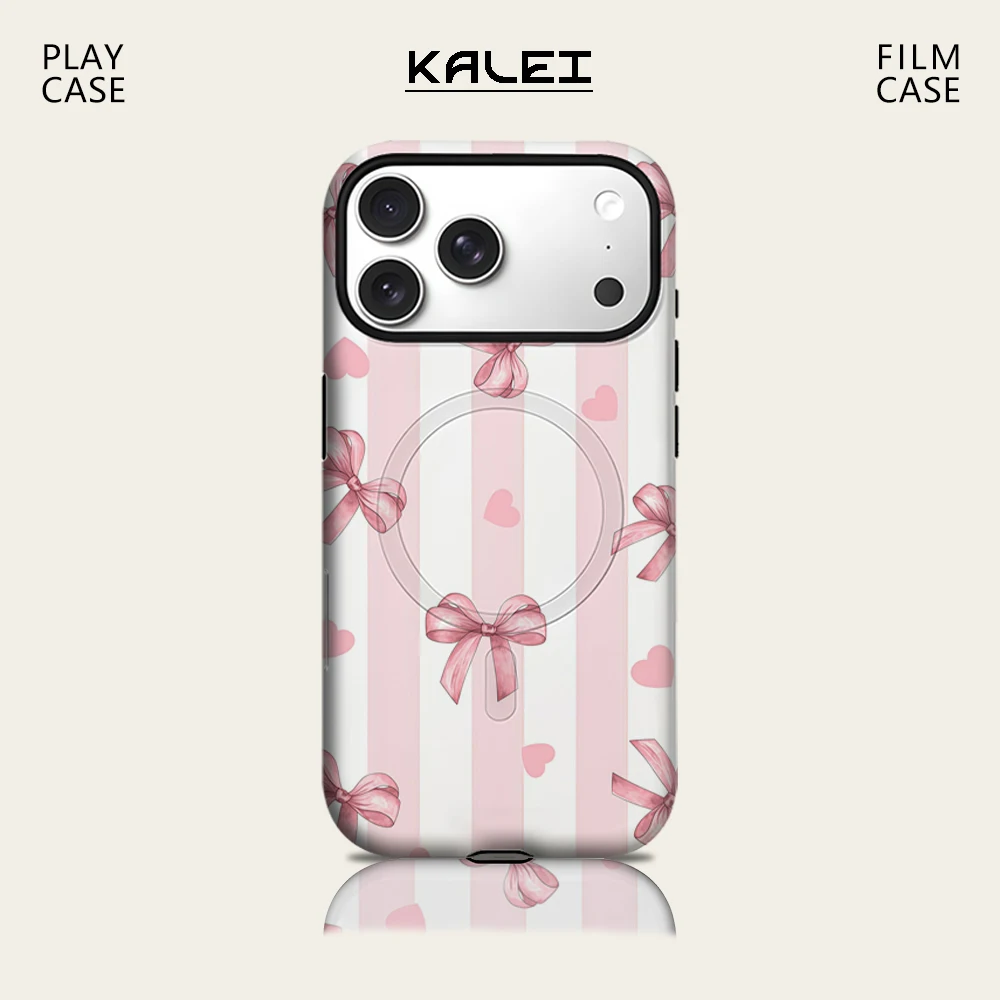 Blush & White Stripe Bow Handyhülle für IPhone 17 16 15 14 13 Pro Max Plus für magnetische einzelne doppelschichtige robuste Hülle