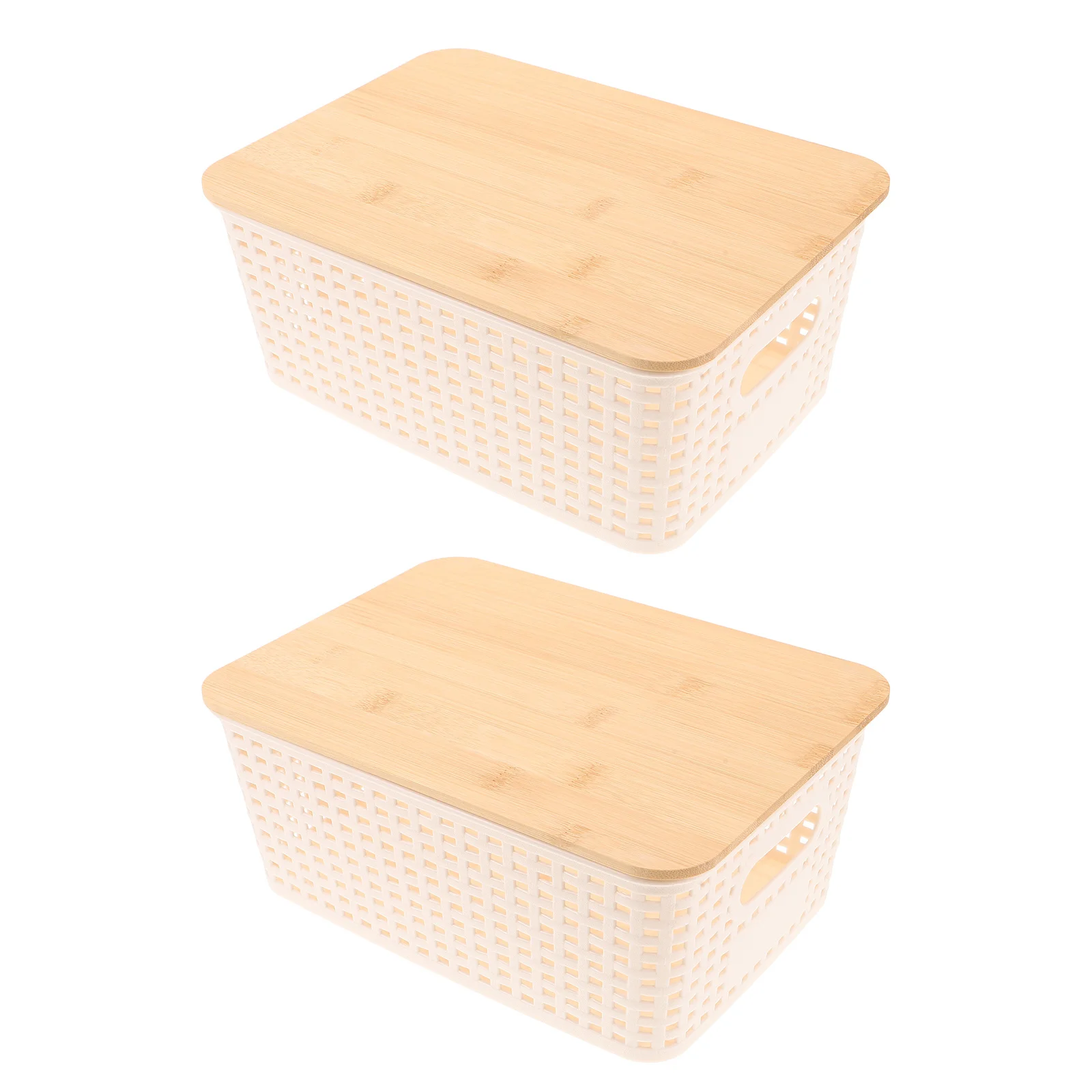 

2Pcs Stackable Plastic Storage Basket with Bamboo Lid Kitchen Countertop Organizer Vegetable Onion Potato Keeper Bin Pantry
