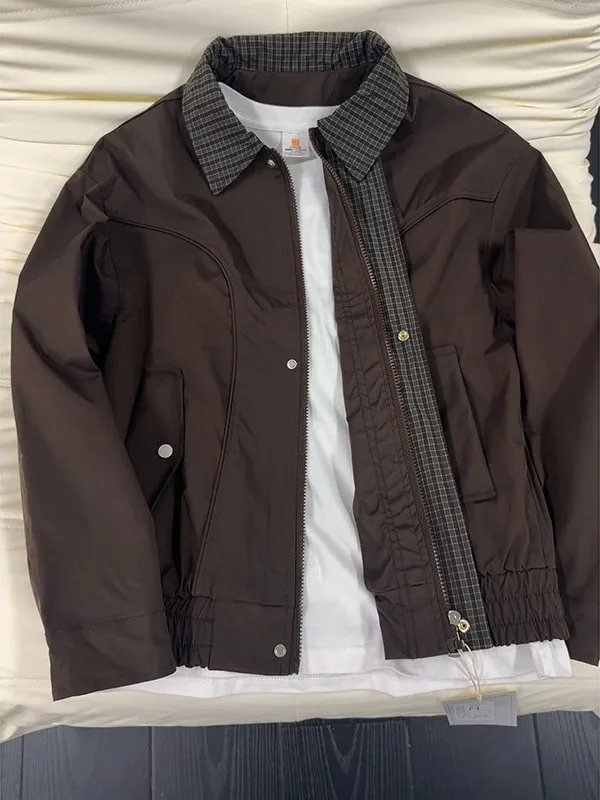 

Мужская повседневная куртка с клетчатым воротником в стиле пэчворк, весенняя, с коротким рукавом, рабочая одежда, из полиэфирного волокна, на молнии, без внутренних карманов