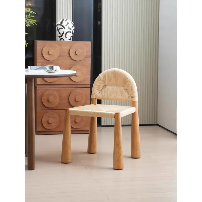 Vintage Solid Wood Rattan Dining Chair Home Designer Medieval Style Single Bed and Breakfast Rope Backrest Chair