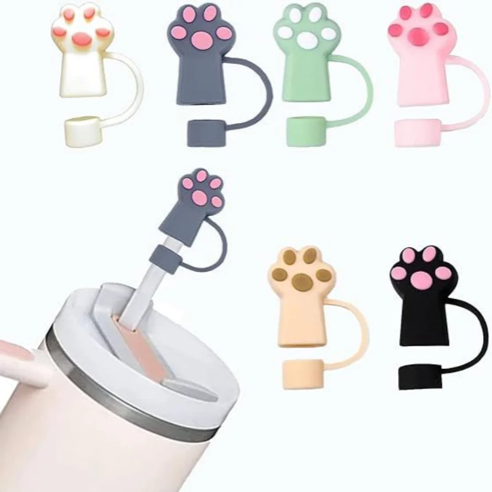 0.4 In/10 mm Straw Covers Reusable Silicone Straw Toppers Cute Cat Paw Straw Caps for Stanley 30&40 Oz Tumbler