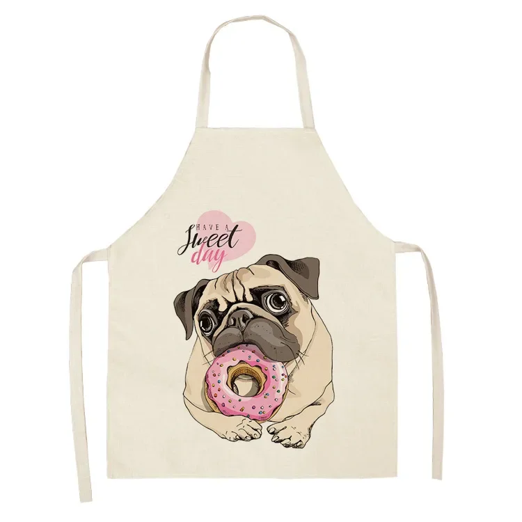 Cute Donut Pug Print Sleeveless Apron Cotton Linen Kitchen Utensils Household Baking Studio Anti Dirt Coat Waist