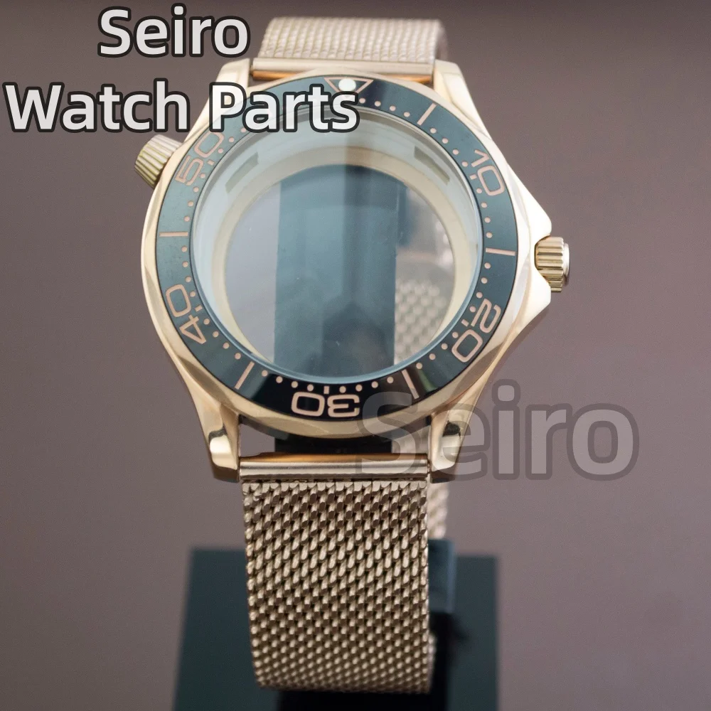 

41mm Rose Gold NH35 Watch Case Dial Mesh Strap Band 10ATM Waterproof For Seamaster 300 NH35 NH36 Movement Stainless Steel Parts