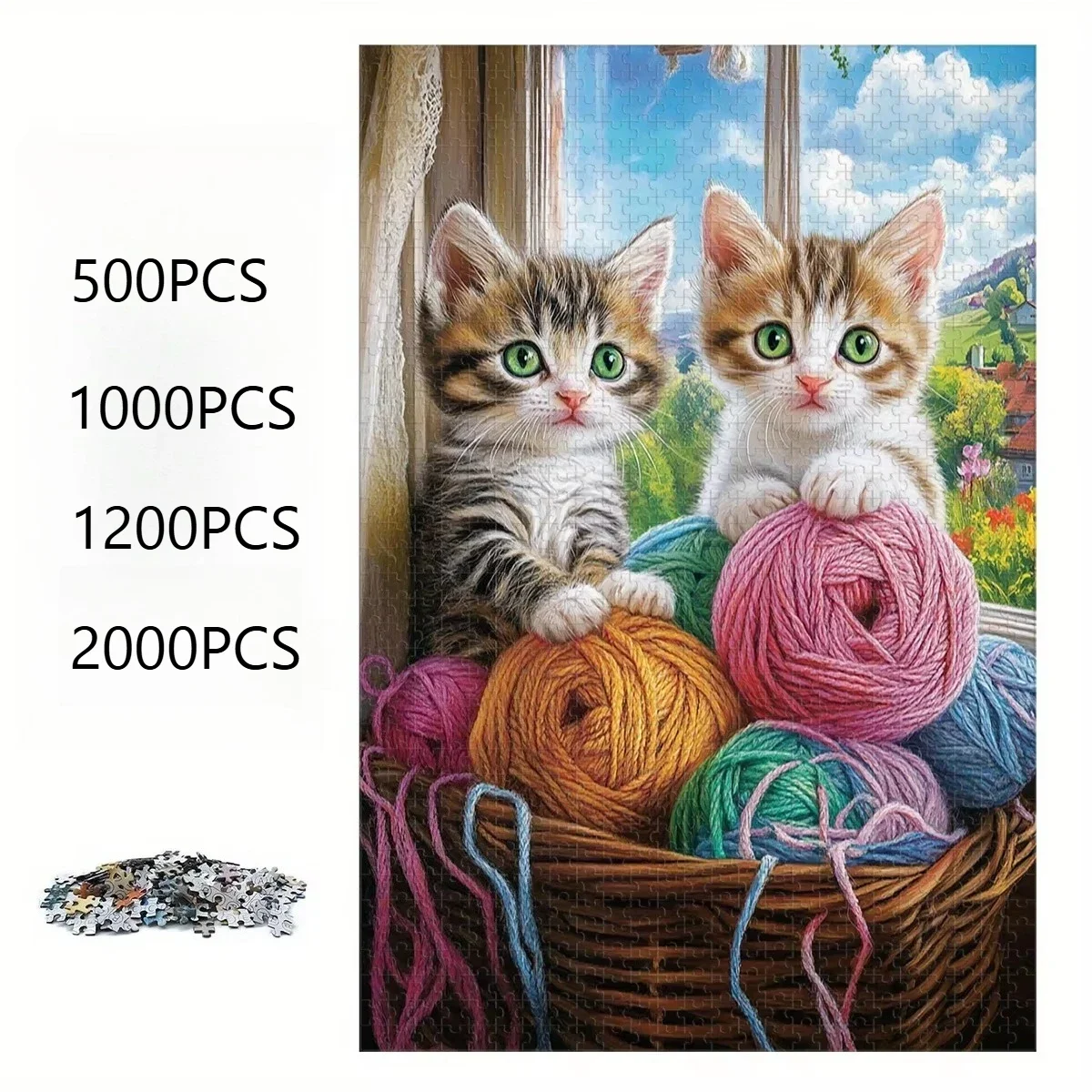 

One Colorful Paper Puzzle Experience, 500/1000pcs Kitten-themed Jigsaw with Two Adorable Cats Surrounding A Colorful Knitted