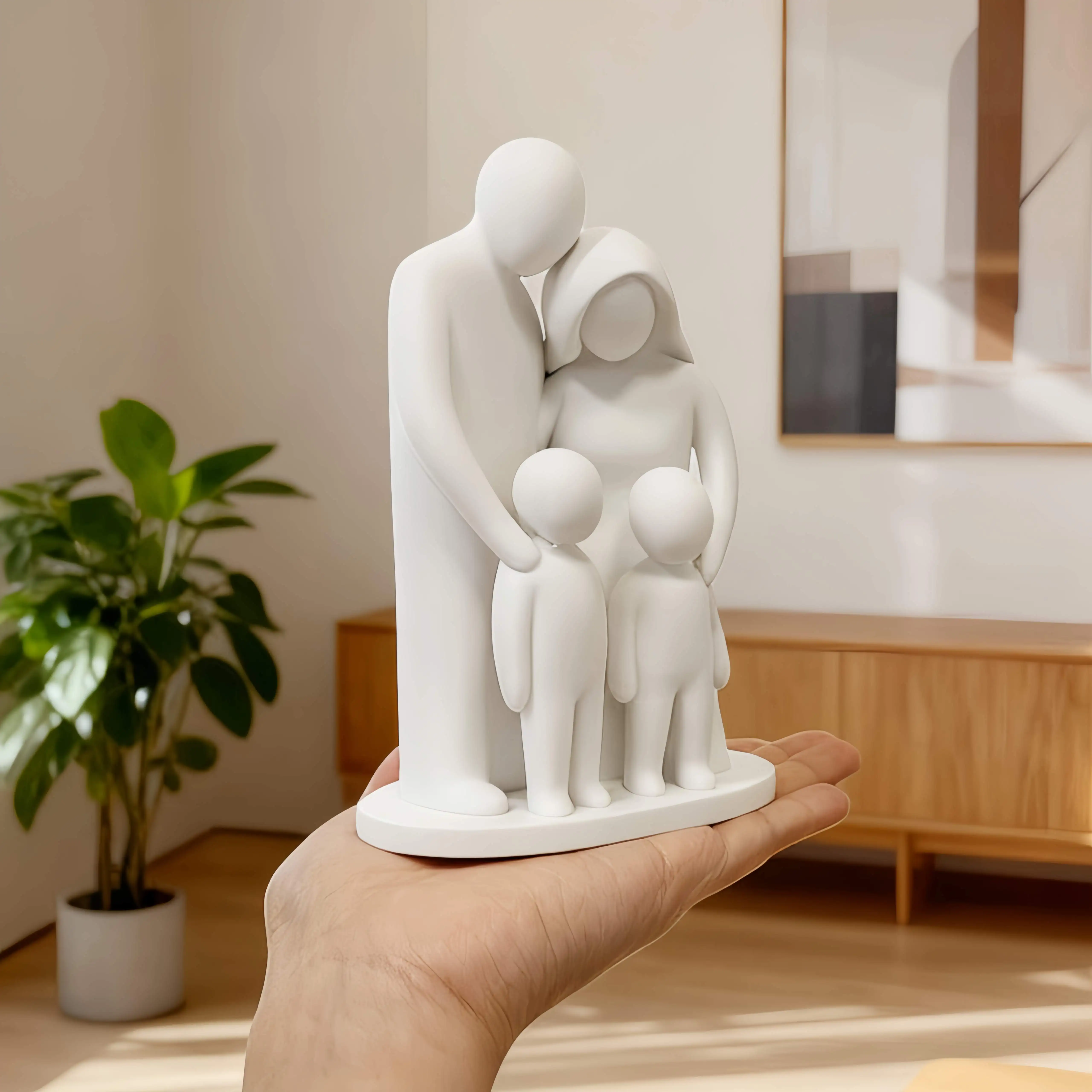Abstrakte 4er-Familienfigur, Moderne Minimalistische Familienskulptur, Weiße Eltern-Kind-Statue für Heimdekoration, Sinnvolle Geschenke – Detail 4