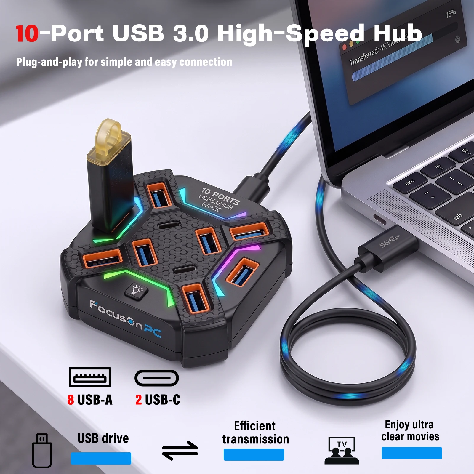 FocusOnPC 7/10‑Port USB 2.0/3.0 Multiport Docking Station, 6A+1C/8A+2C, RGB LED with Independent Light Switch, Type‑C Powered Input, Driver‑Free Plug‑Play for Gaming Office, Fits Laptop PC Mouse Keyboard U Disk Camera