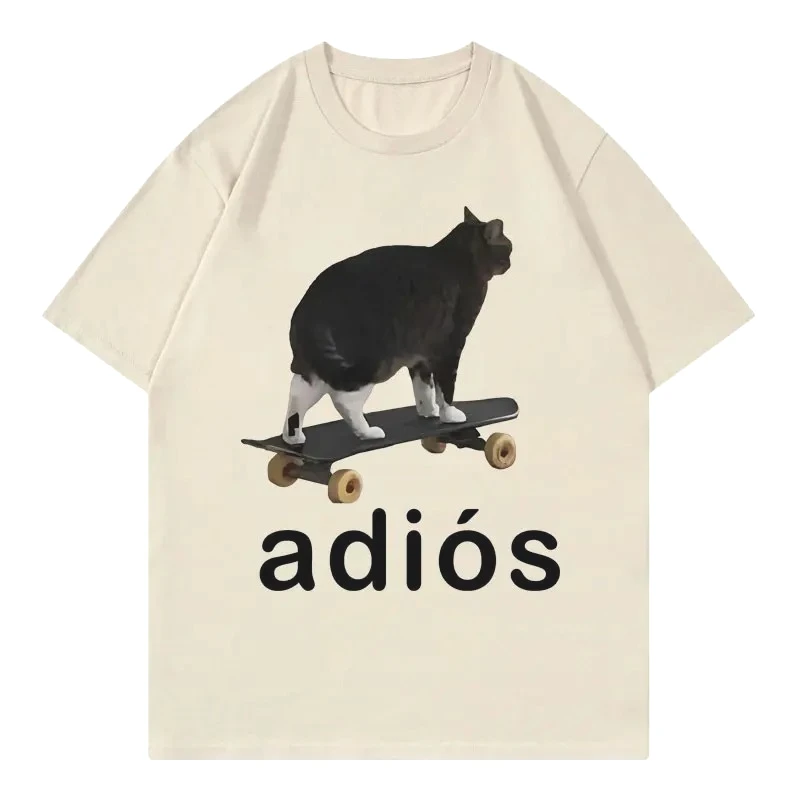 Adios مضحك القط ميمي الجرافيك تي شيرت شارع العليا موضة الاتجاه قصيرة الأكمام تي شيرت المرأة عادية الراحة تي شيرت ملابس حريمي