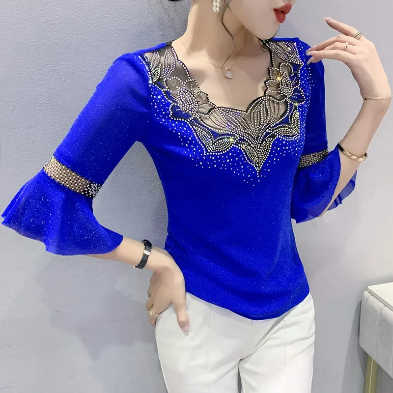 Summer T-Shirt Women's V-neck Lace Splice Short Sleeve Fashionable Mesh Top Korean Style Commute Wind Bright Thread Decoration