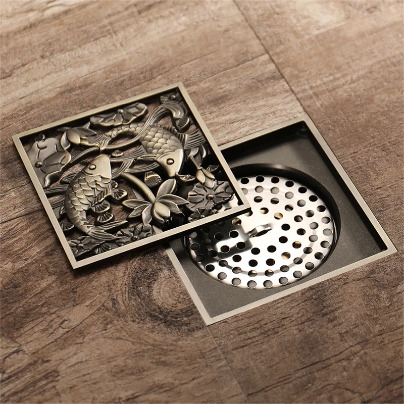 العتيقة برونزية منحوتة 10X10 سم الطابق استنزاف النحاس دش الطابق استنزاف الأوروبي مربع الطابق استنزاف غطاء شاشة مصبغة استنزاف #3