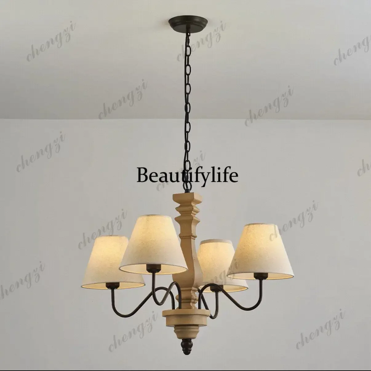 M138 Wood art restaurant chandelier American country study bedroom cloth cover lamp French retro homestay