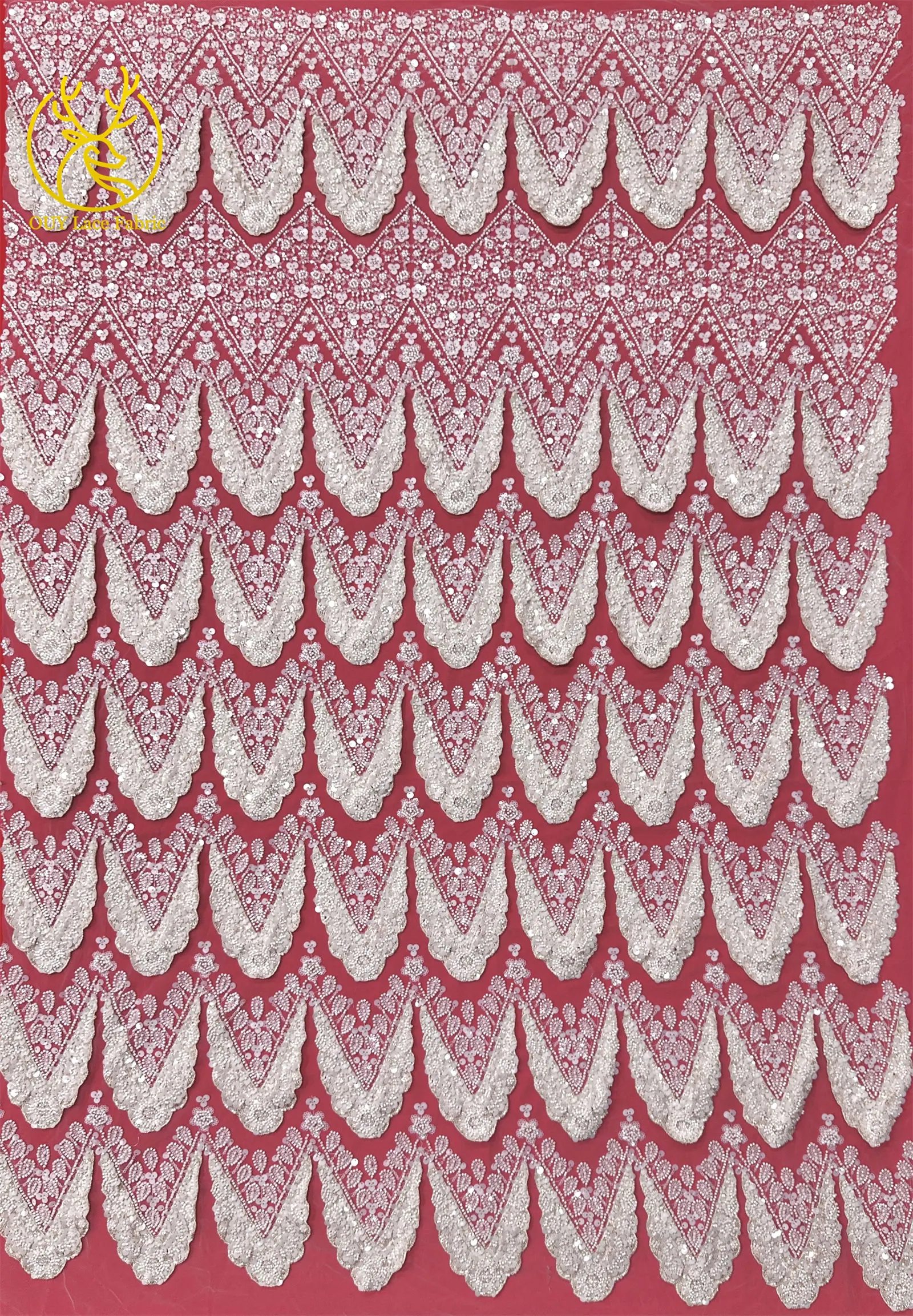 Hochwertiger luxuriöser französischer 3D-handbestickter Perlen-Spitzenstoff, 5 Yards, afrikanischer nigerianischer Pailletten-Spitzenstoff für Braut- und Partykleider – Detail 10