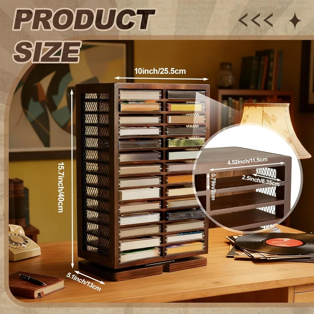 رف تخزين الكاسيت الدوار 360 °   حامل VHS عتيق على الوجهين لبرج الأقراص المضغوطة لجامعي الموسيقى (56 سعة)