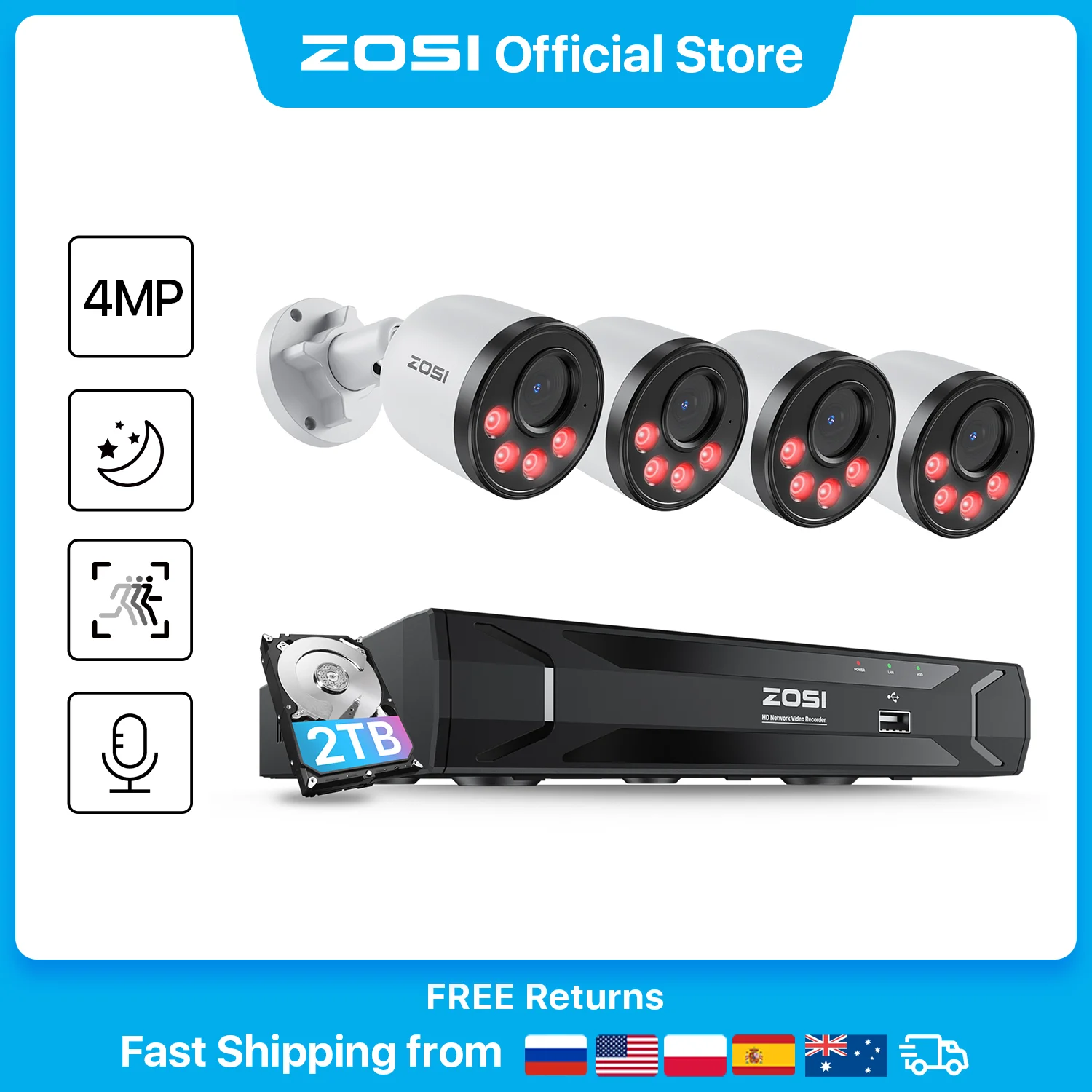 

ZOSI 8CH PoE CCTV Security Cameras System 5MP(3K) NVR With Audio 4MP HD Outdoor IP Video Surveillance Camera Kit