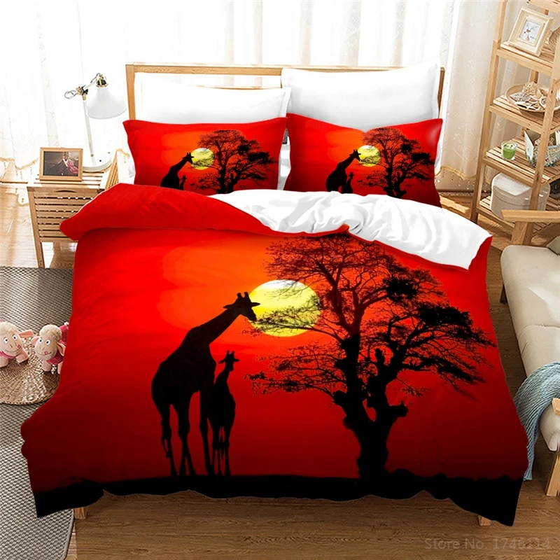 Giraffe Animal 3D Bedding Set Tree & Sun Print Comforter Cover with Pillowcase Set Duvet Cover Set Bedclothes for Bedroom Deocr