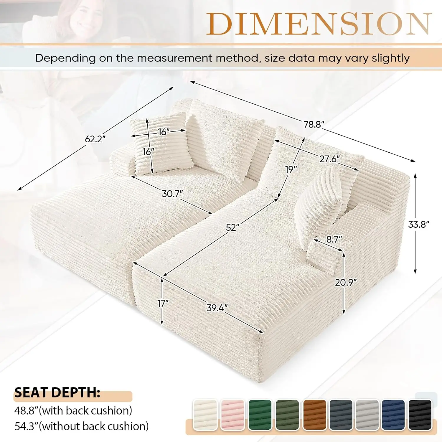 Oversized Chaise Lounge Chair Indoor, Modern 78-inch Upholstered Corduroy Love Seat Sofa Bed with 4 Throw Pillows, Customized