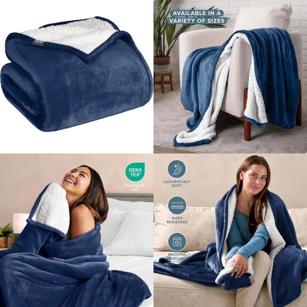 

Ультрамягкое одеяло из шерпа-флиса - размер Queen - идеально для кровати, дивана и кушетки - уютное и легкое - двустороннее, темно-синее