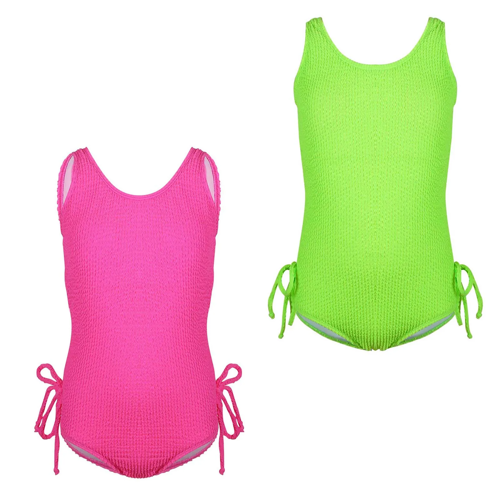 Kids Girls One Piece Swimsuit Solid Sleeveless Padding Swimwear Bathing Suit Side Lace up Swimwear Beachwear for Pool Party