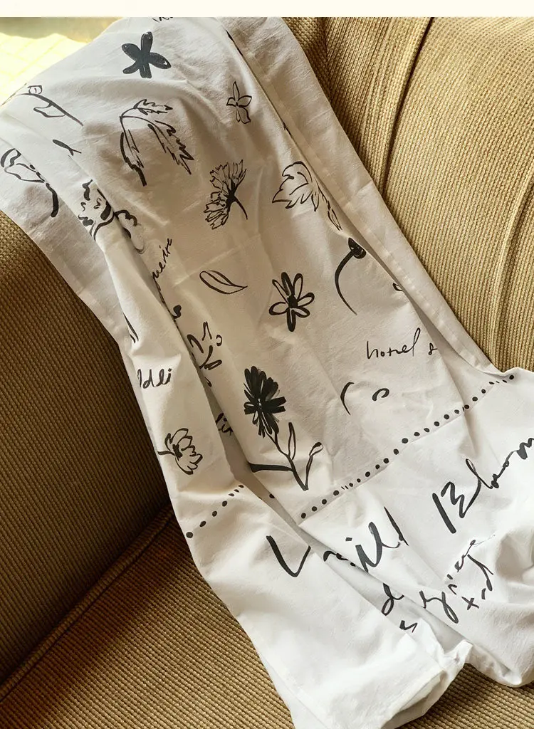White Blended Short Fleece Curtains Black Flower Graffiti Drifting Window Half Concealed Micro Transparent Partition Decoration