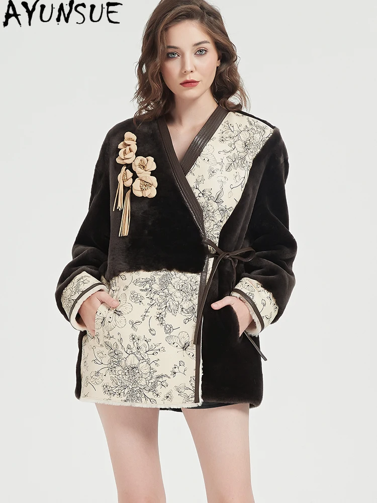 AYUNSUE Naturalny płaszcz ze skóry owczej damski zimowy średniej długości kurtka ze skóry naturalnej damska wiązana kwiatem nowość w płaszczach 2025