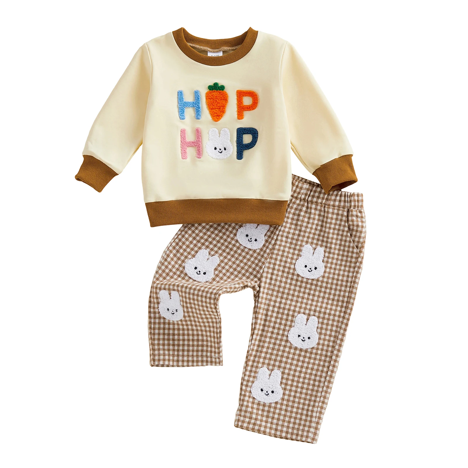 

Adorable Toddler Easter Outfit with Bunny Embroidery and Plaid Pants - Long Sleeve Crew Neck Sweatshirt Set for Girls and Boys
