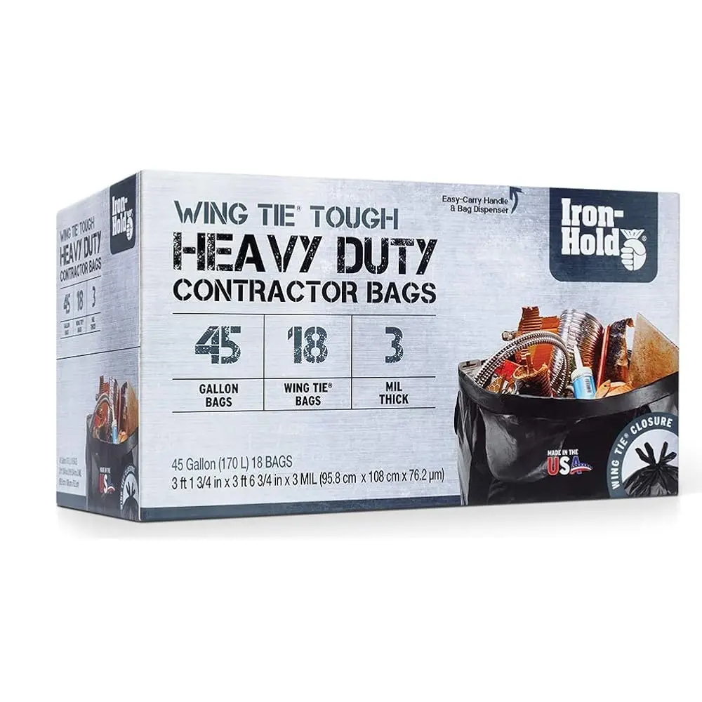 

Contractor Trash Bags - 45 Gallon, 18 Bags, Wing Tie Closure, 3 MIL Thick, Gusseted Bottom, Black - Heavy Duty Industrial Str