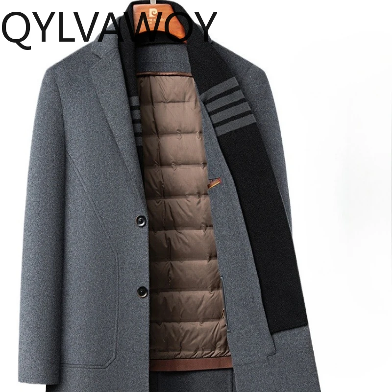 

QYLVAWOY 2024, зима-осень, новое мужское шерстяное пальто с пуховым шарфом, верхняя одежда средней длины, теплая стильная высококачественная LJ2750