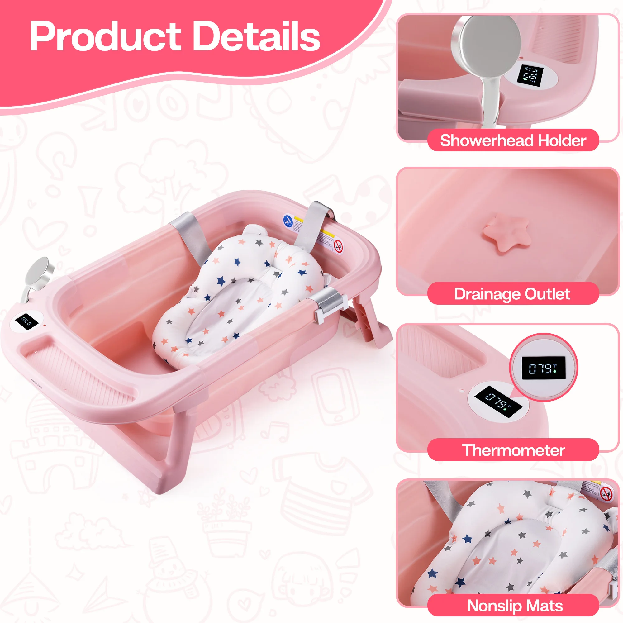 Baby Bathtub,Baby Bath Tub with Soft Cushion & Thermometer,Baby Bathtub Newborn to Toddler 0-36 Months,Portable Travel Baby Tub