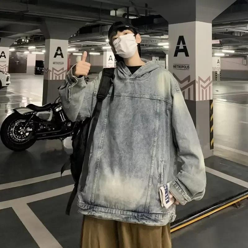 American Vintage Washed Black Denim Hoodie Men's Korean Fashion High Street Oversize Loose Hooded Coat Jacket Y2k Men Clothing