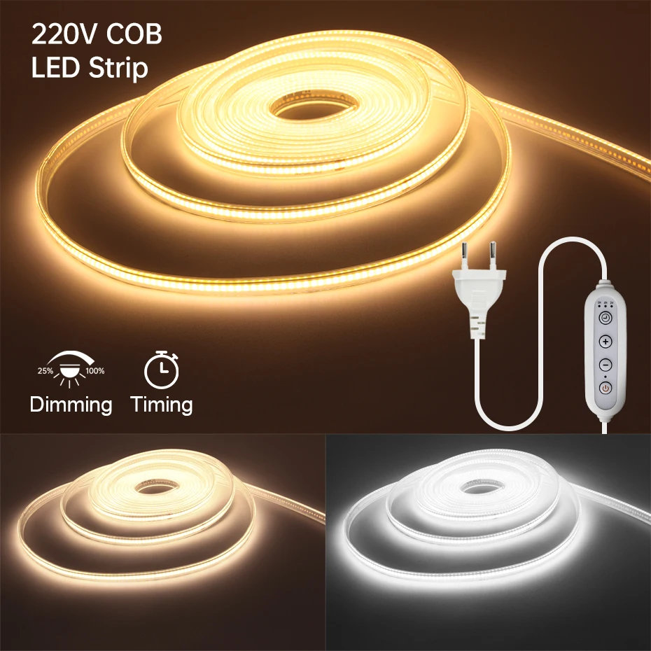 

Светодиодная лента COB с питанием от сети 220В (EU/AU/UK), с таймером, регулируемой яркостью, водонепроницаемая (IP65), гибкая, для наружного освещения