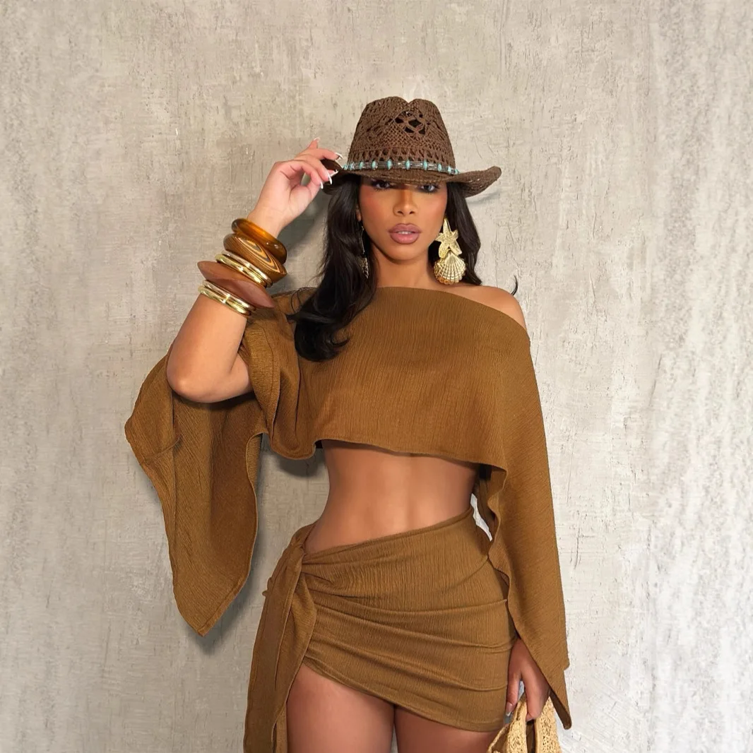 우아한 오프숄더 투피스 여성 여름 원숄더 플레어 슬리브 루즈 크롭탑과 스커트 세트 스트리트웨어 신상품