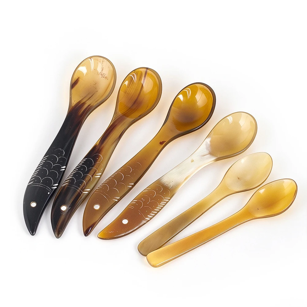 Natural Horn Spoon Handmade Carved Fish Handle Tea Spoon Coffee Honey Caviar Dessert Scoop Tableware Kitchen Tool 3 Styles