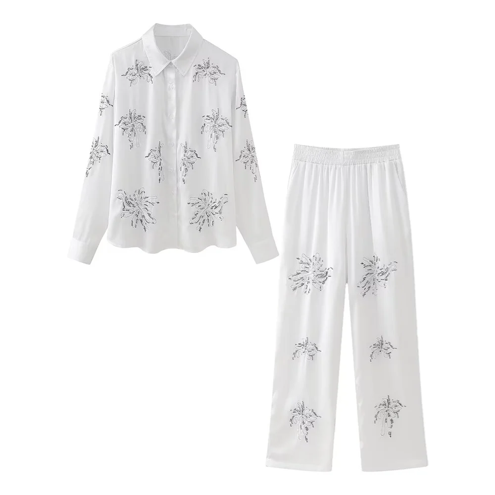 PB&ZA 2024 Spring New Women\'s Style Casual Loose and Versatile Beaded Decoration Embroidered Shirt Straight Leg Pants Set