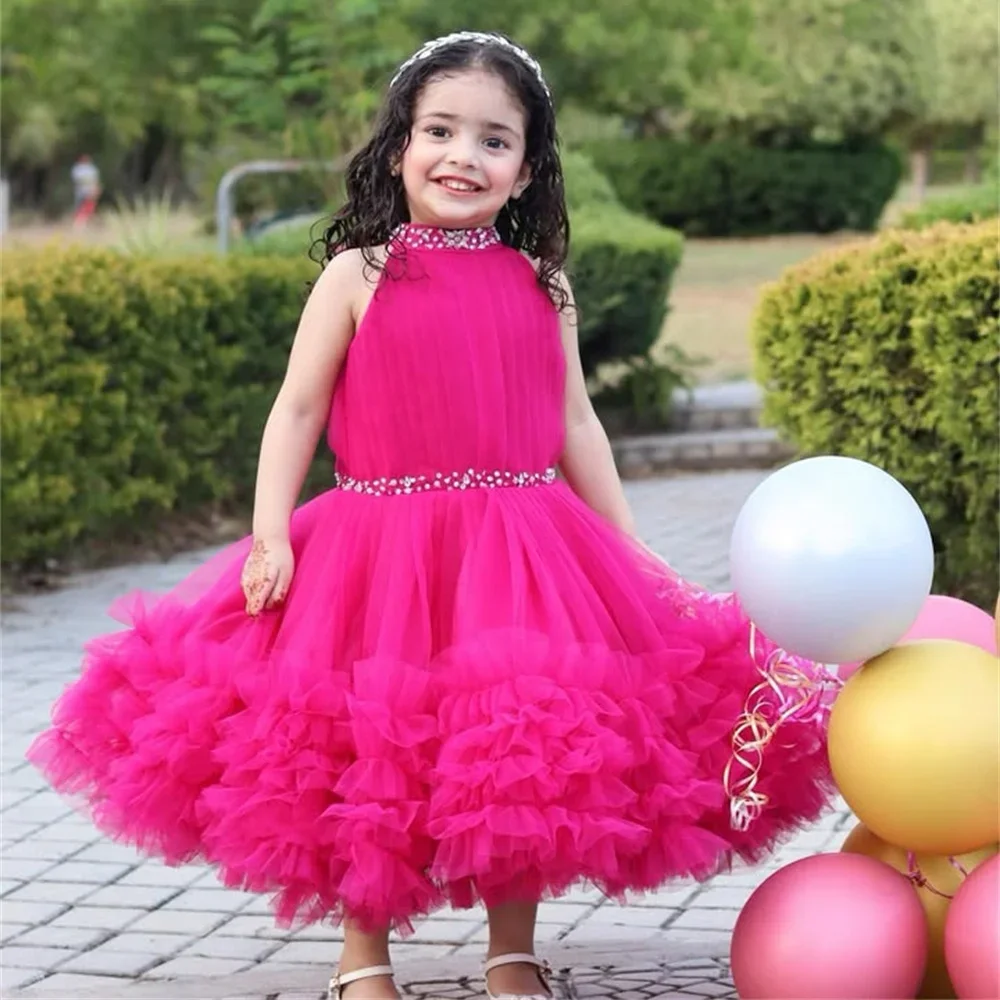 فستان فتاة الزهور مخصص برقبة عالية كريستال فاخر بدون أكمام بطيات على شكل حرف A بطول الكاحل أنيق رسمي للمناولة الأولى