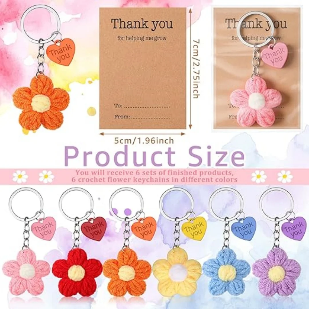 6Pcs Graduation Gifts for Teacher, Handmade Crochet Flower Keychain with Thank You Card Grad Teacher Gifts