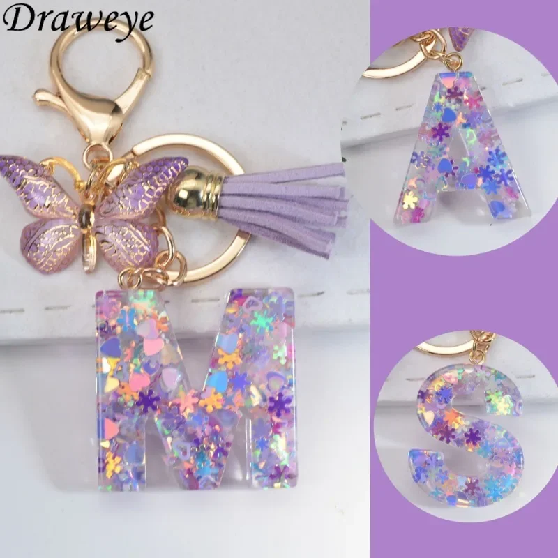 A-Z Dreamy Sequin Letters Keychain for Women Tassel Butterfly Pendant Initial Keyring Purse Suspension Bags Charms Car Key Chain