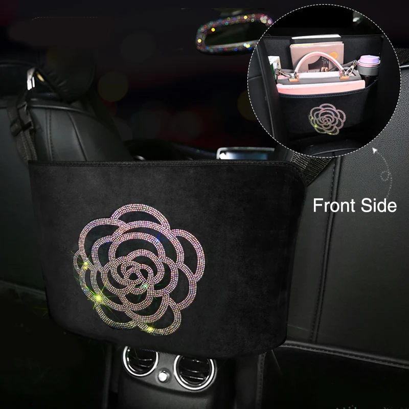 Rhinestone Flower Car Handbag Holder Between Seats Large Capacity Car Purse Holder Auto Organizers for Document Phone Storage