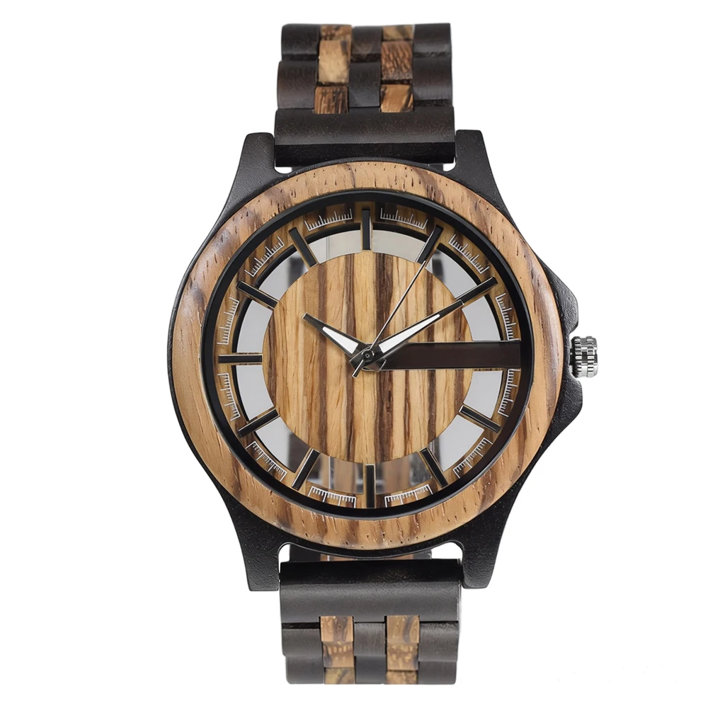 

Brown Deep Black Ebony Zebra Wooden Quartz Men's Watch,Foldover Clasp Wood Strap Wooden Watches for Men