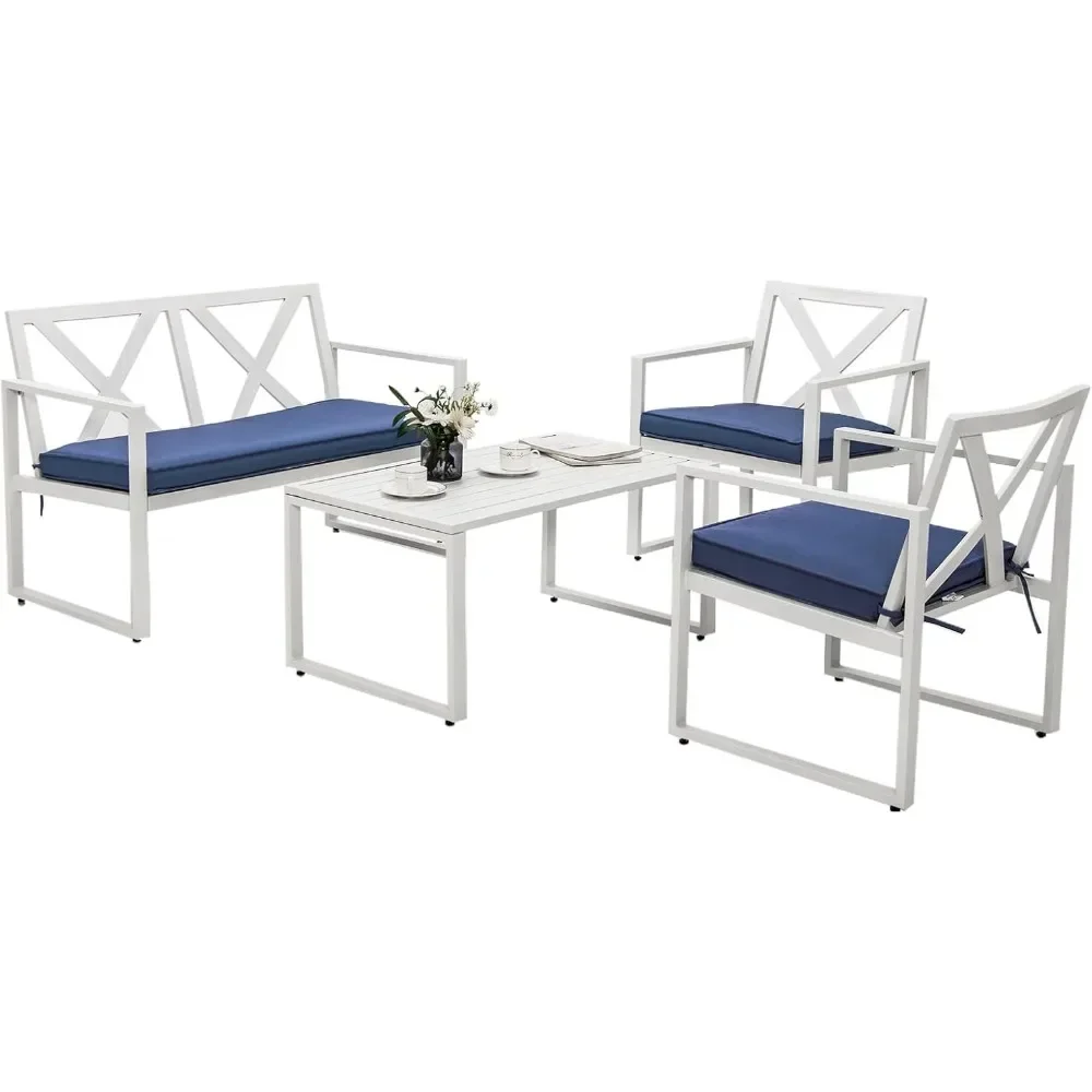 

4 Piece Patio Furniture Set, Metal Outdoor Furniture with Coffee Table, Loveseat, 2 Chairs, Soft Cushions, Patio Conversat
