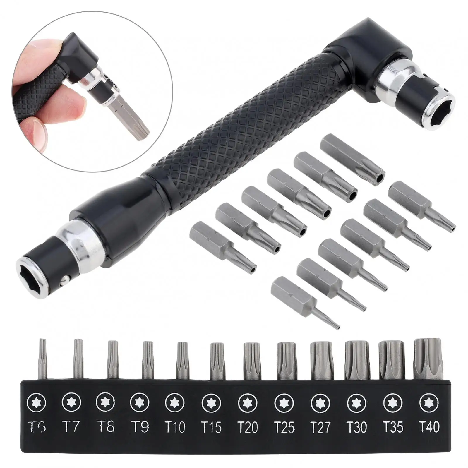 T6-T40 Torx Bit Set Magnetic Security Torx Bits Tamper Resistant Screwdriver Bit Set with Right Angle Screwdriver Socket