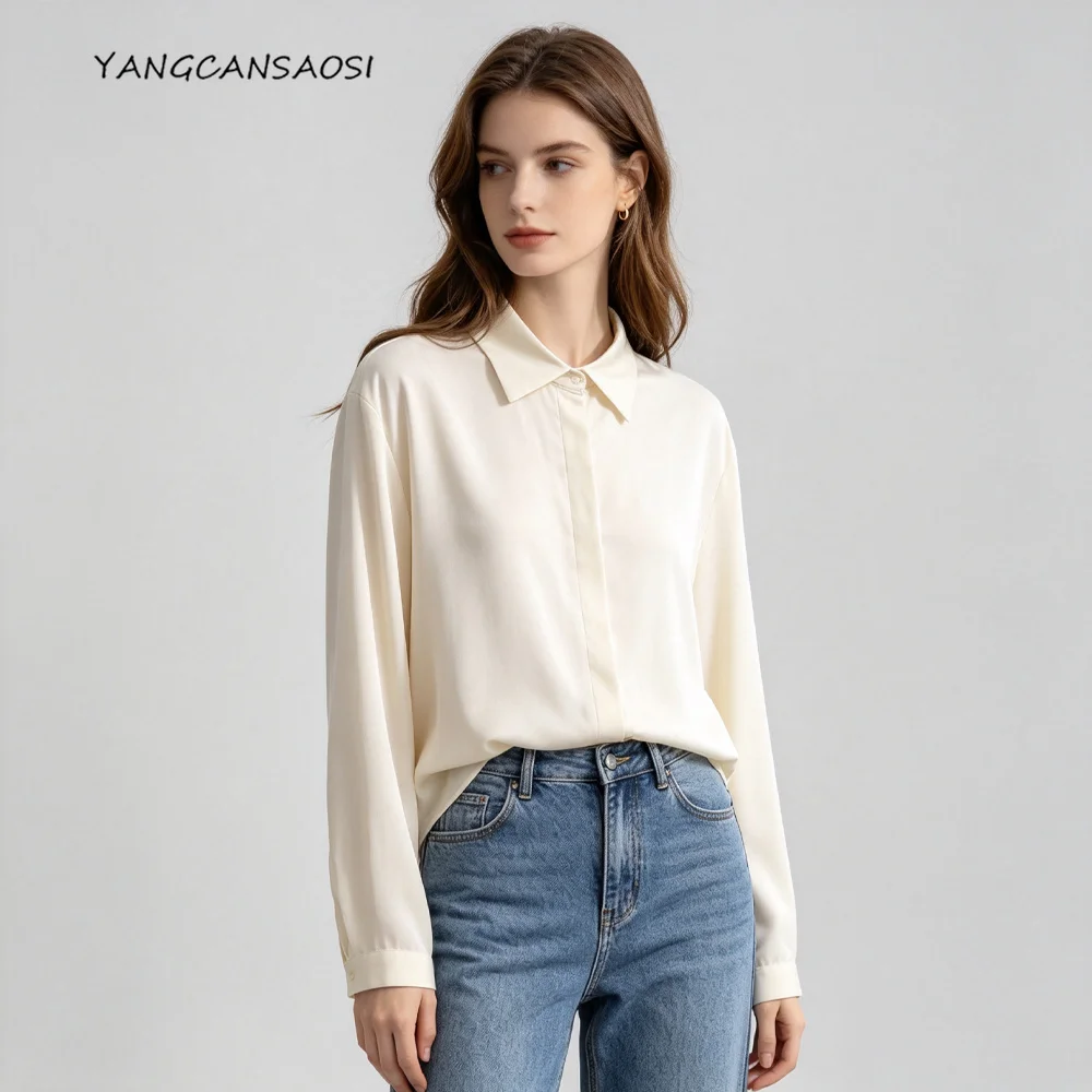 Camisa de manga larga versátil de satén doble Qiao elástico de seda de morera natural al 93% para mujer, moda de talla grande, nueva colección de principios de otoño